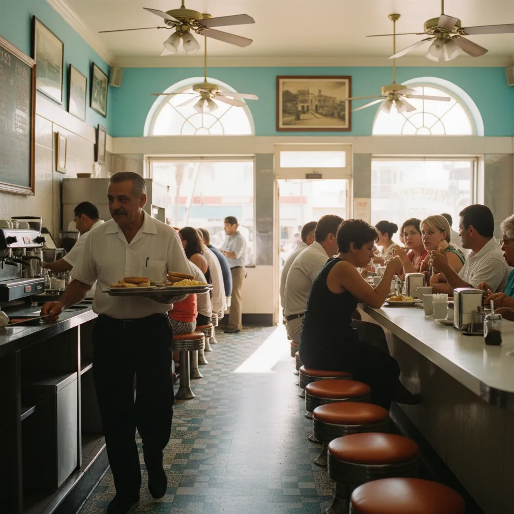 Busy Cuban cafeteria counter in Miami Beach with a waiter carrying breakfast plates past locals on stools in bright daylight