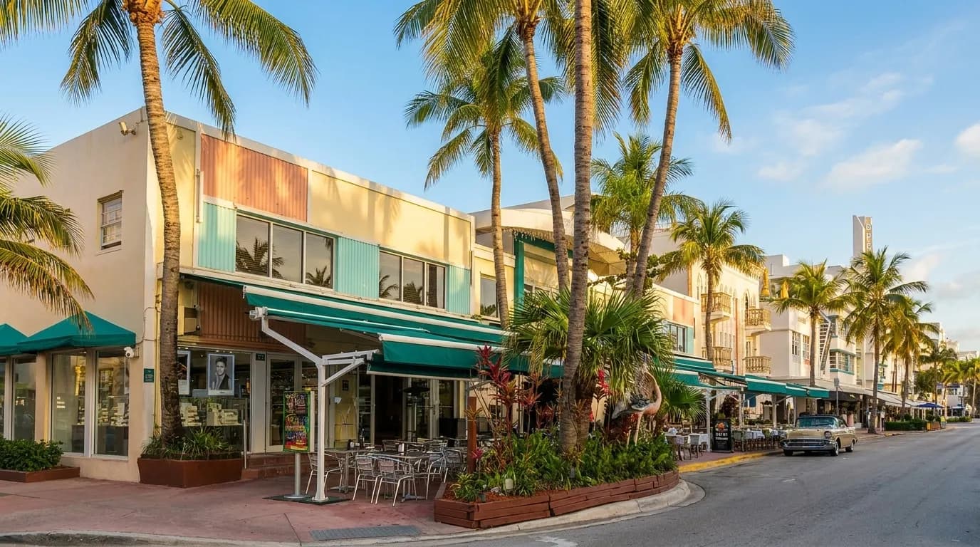 Ocean Drive palm trees and art deco buildings in South Beach Miami