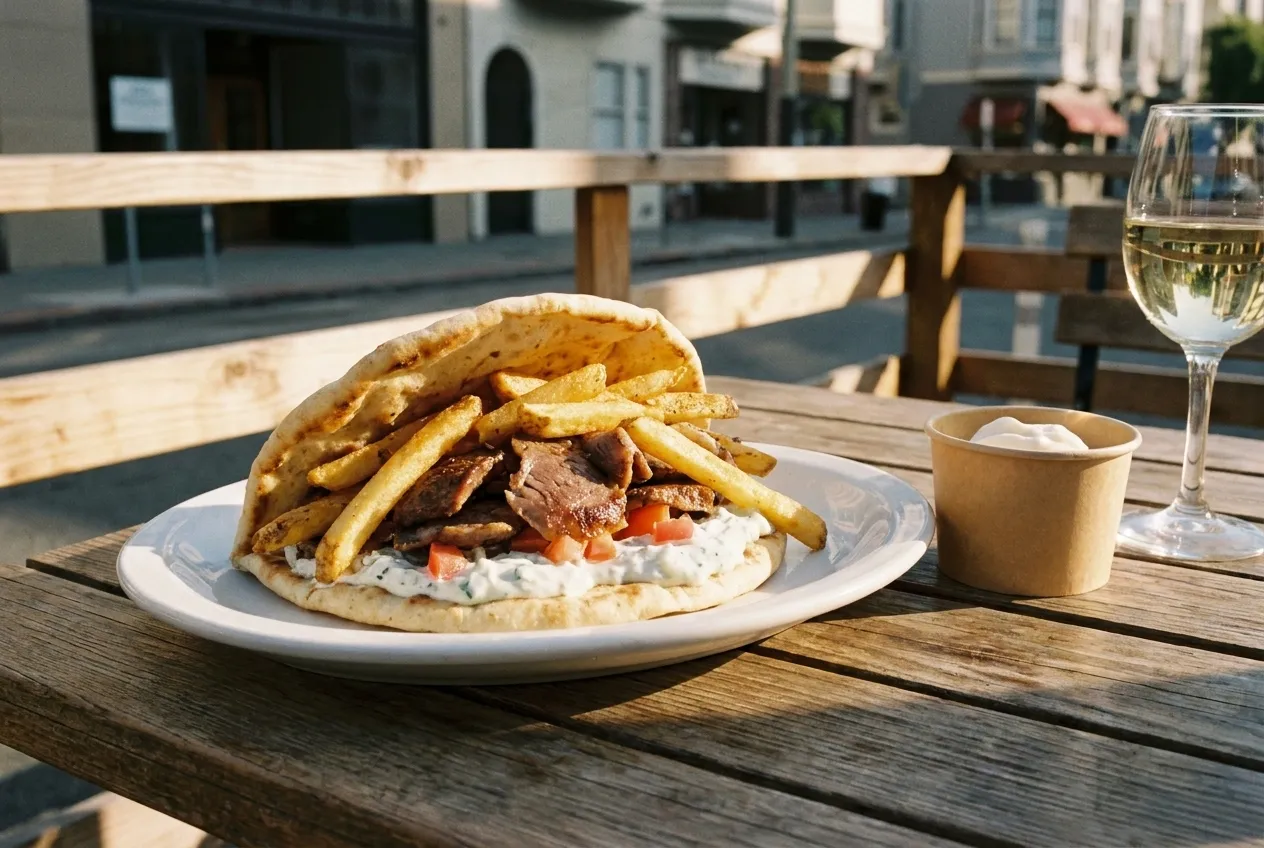 A Greek lamb sandwich with fries and tzatziki on an outdoor table with frozen yogurt and wine.