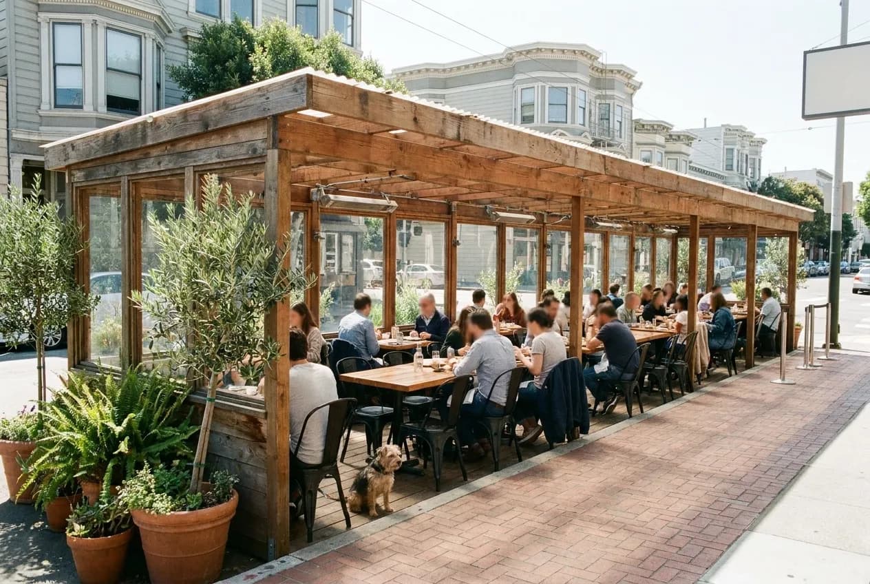 Diners eating at communal tables in a covered outdoor parklet on a San Francisco street at midday.