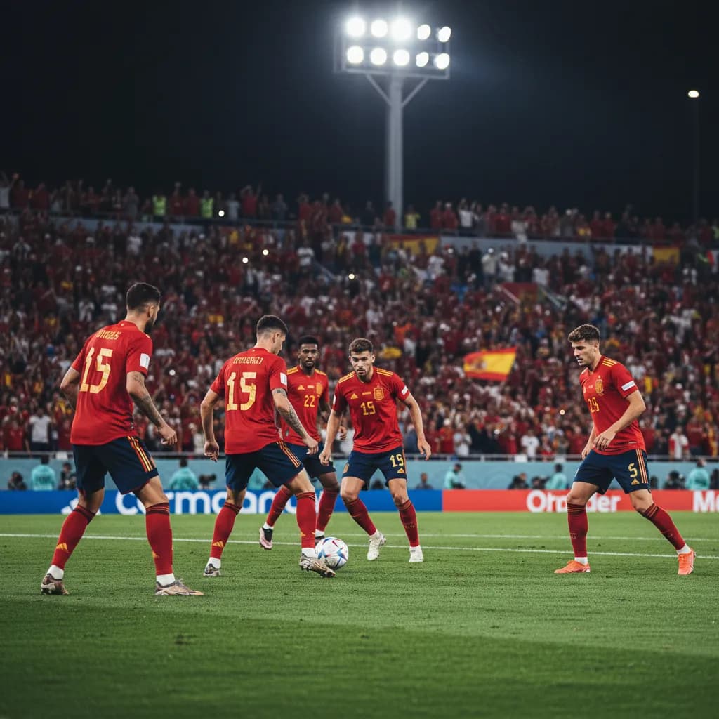 Spain players combining with quick passes in red jerseys during World Cup 2026