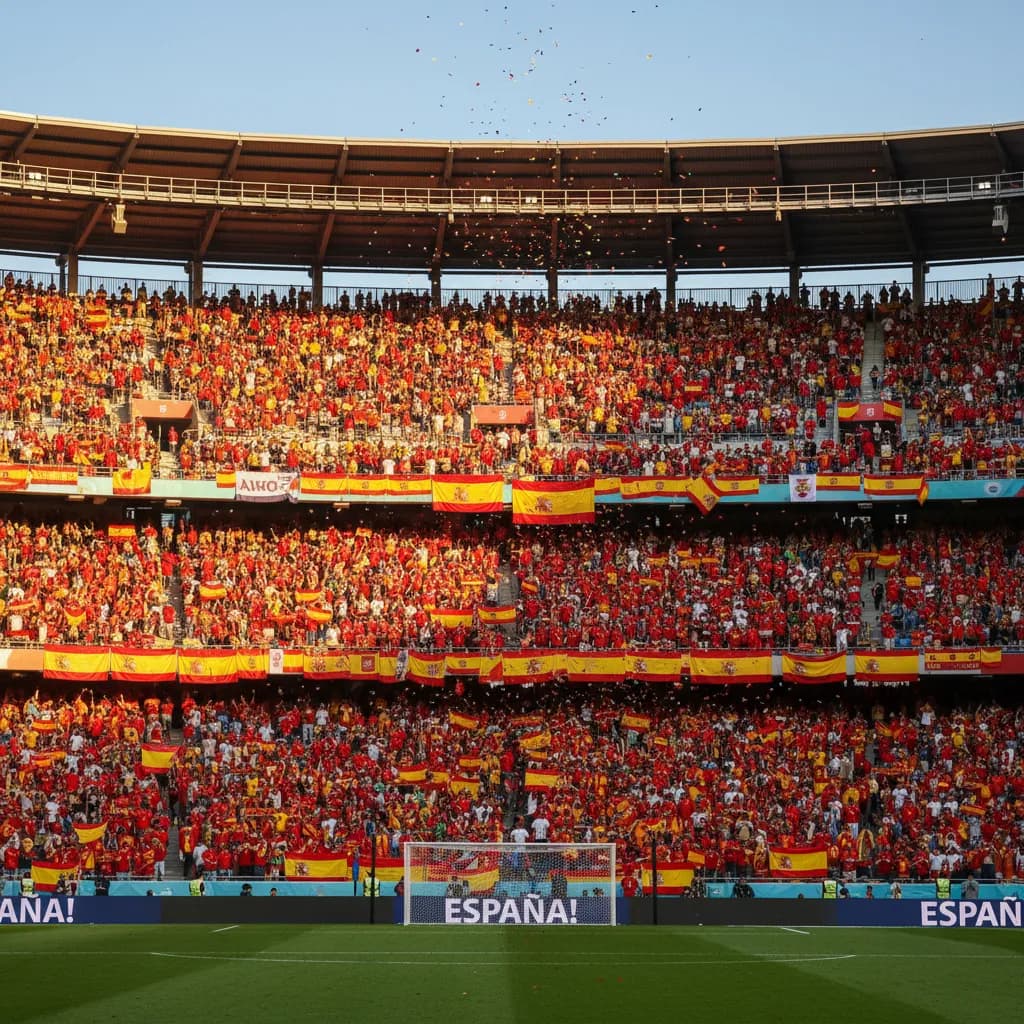 Spain players combining with quick passes in red jerseys during World Cup 2026