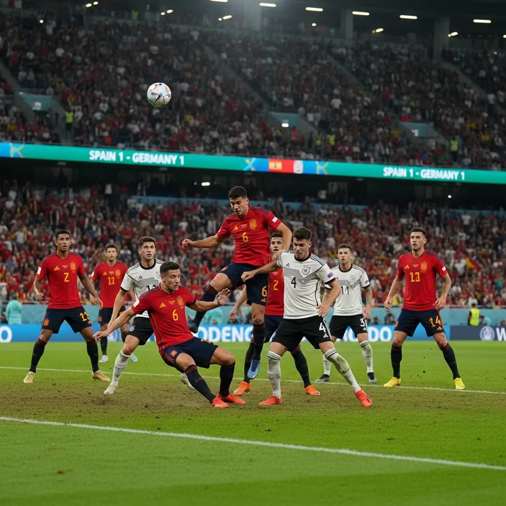 Spain and Germany players battling for the ball during a World Cup 2026 knockout tie