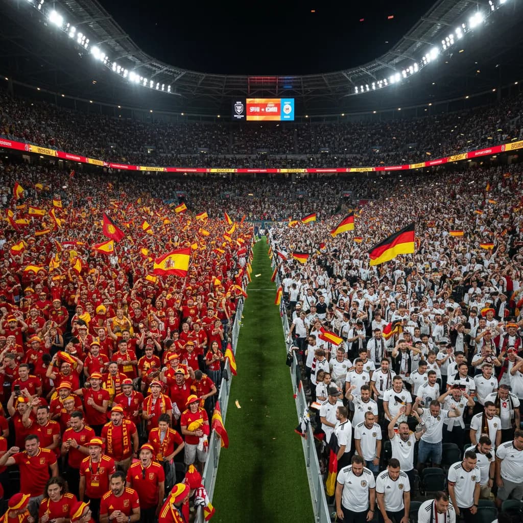 Spain and Germany players battling for the ball during a World Cup 2026 knockout tie