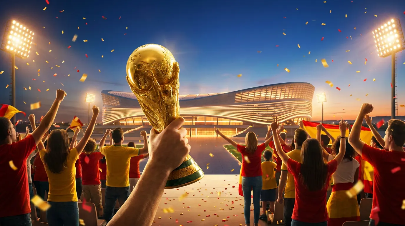Bright editorial cover for Spain Won in 2026, Then Hosts the 2030 World Cup