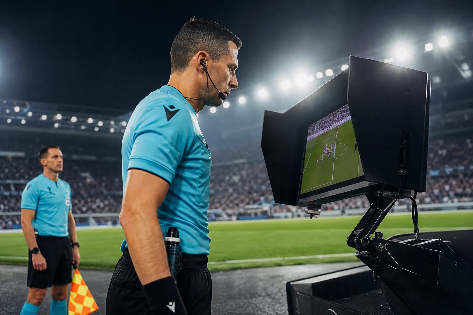 A bright practical scene for spain france var decisions fouls cards and referee calls.