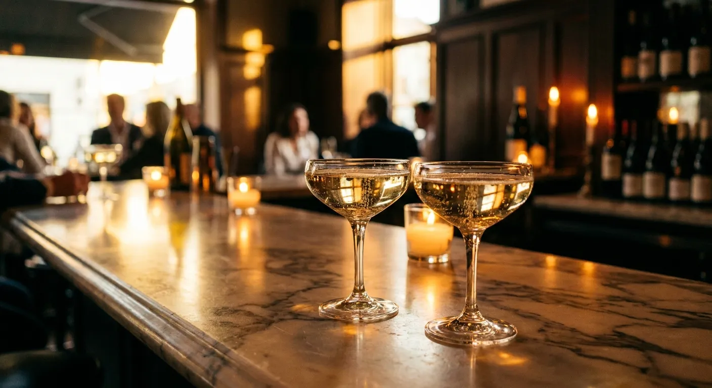 Coupe glasses of sparkling wine catching warm light at a marble bar, bubbles rising