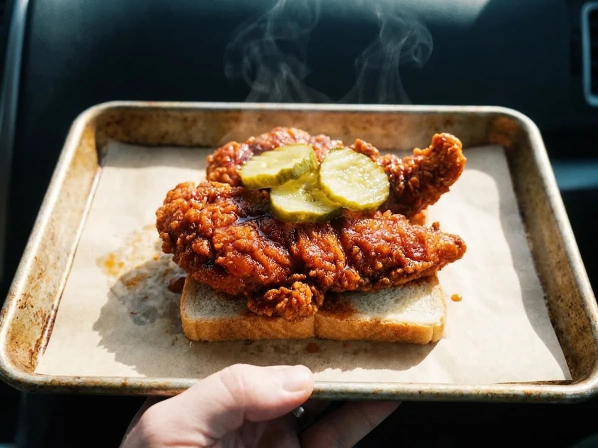 Red-orange fried chicken on white bread with pickles on a paper-lined tray
