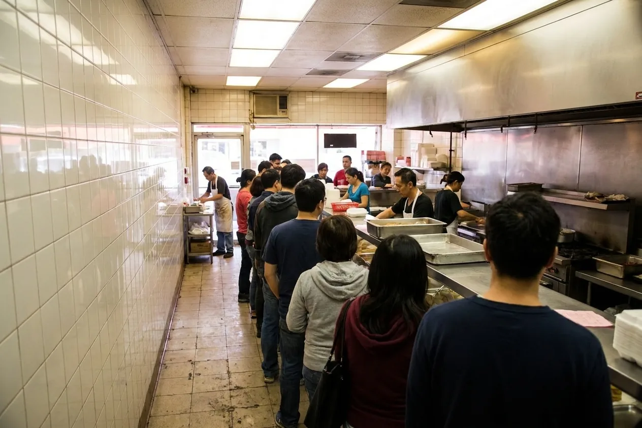 A queue along the wall of a small counter-service restaurant