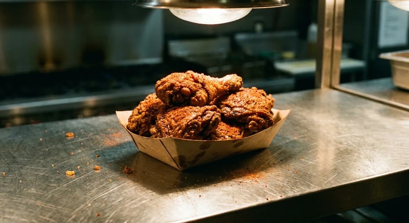 A paper tray of spice-dusted fried chicken on a stainless steel counter