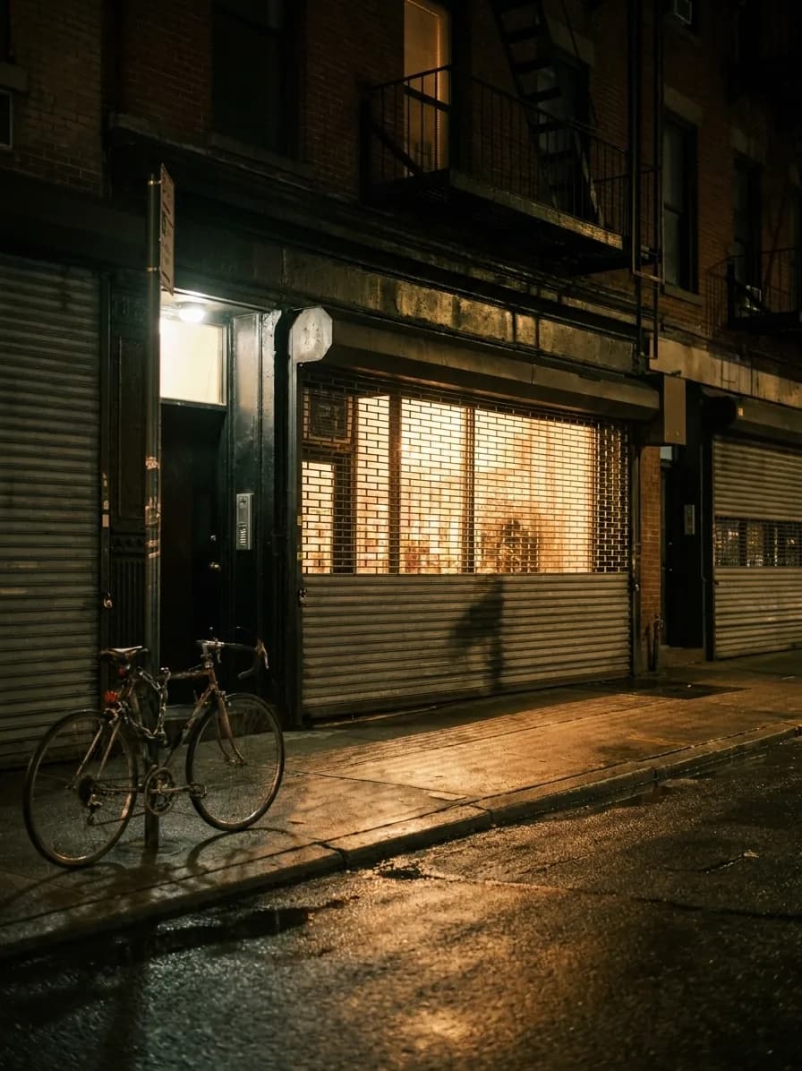 A narrow lit New York storefront at night with wet pavement