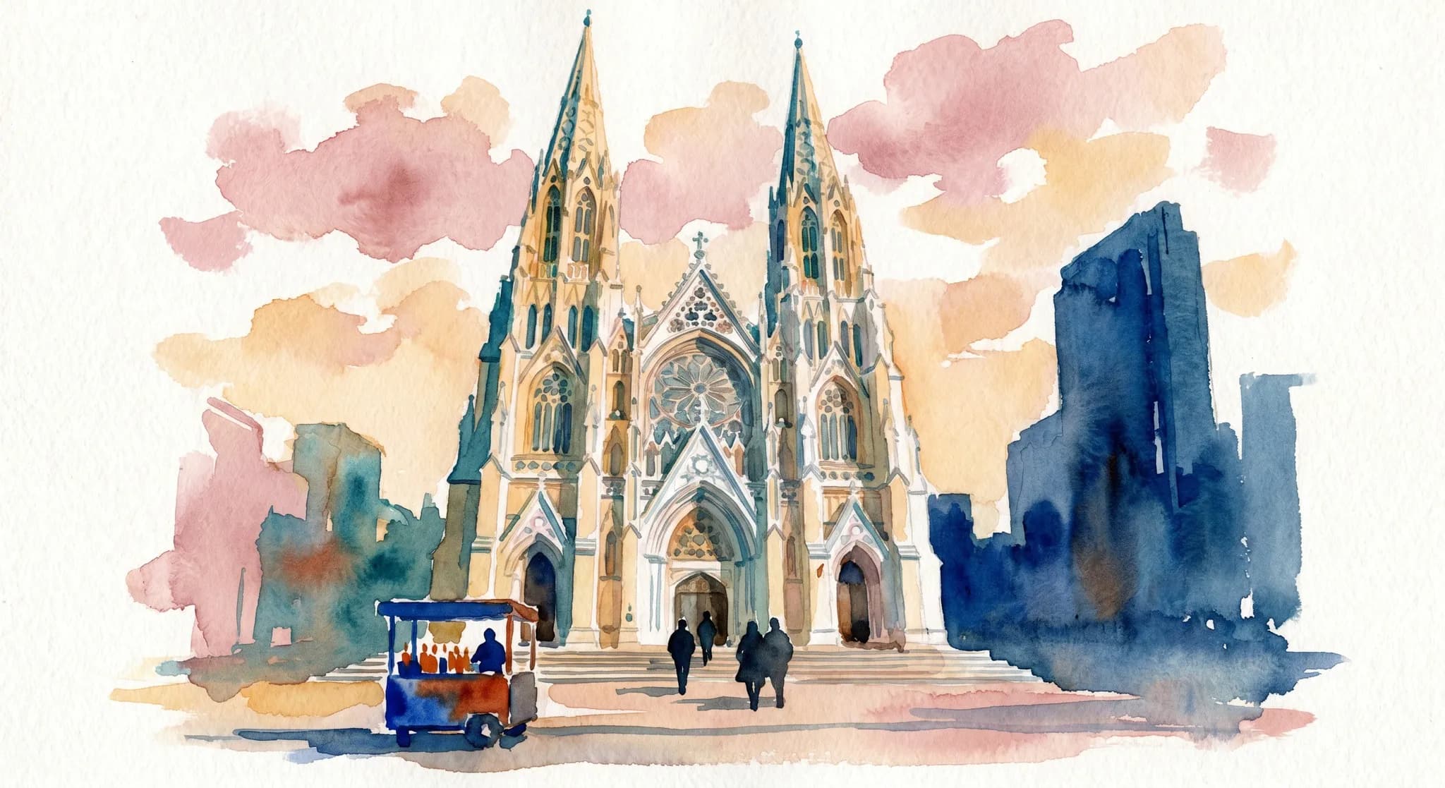 AI-generated watercolor: exterior facade of St Patrick's Cathedral on Fifth Avenue in NYC at golden hour, the iconic twin Neo-Gothic spires reaching toward dusty pink sky rendered impressionistically, the white marble facade with rose window visible at center, three or four pedestrians as pure dark silhouettes walking up the cathedral steps, a small candle vendor cart in the foreground, soft May afternoon sunlight, Rockefeller Center skyscraper as deep cobalt silhouette in the distance to the right