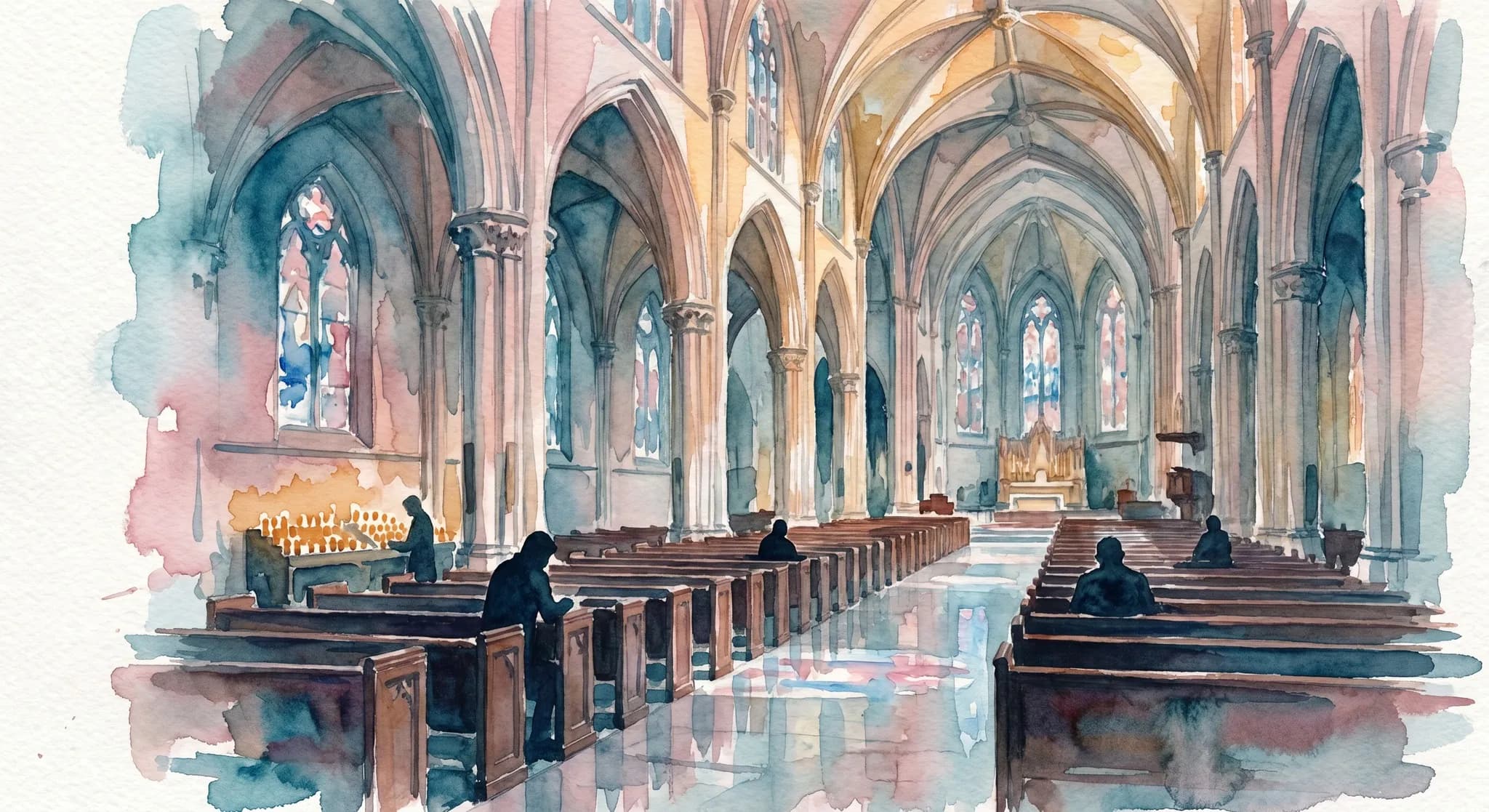 AI-generated watercolor: interior nave of a Neo-Gothic cathedral in NYC, the soaring stone vaulting overhead rendered impressionistically with warm ochre highlights from stained glass windows that throw colored cobalt and dusty pink light pools on the marble floor, rows of dark wooden pews receding in one-point perspective, three or four worshippers as pure dark silhouettes seated in scattered pews praying or quietly contemplating, warm candles glowing as small ochre dots near the side altar, hushed atmospheric light