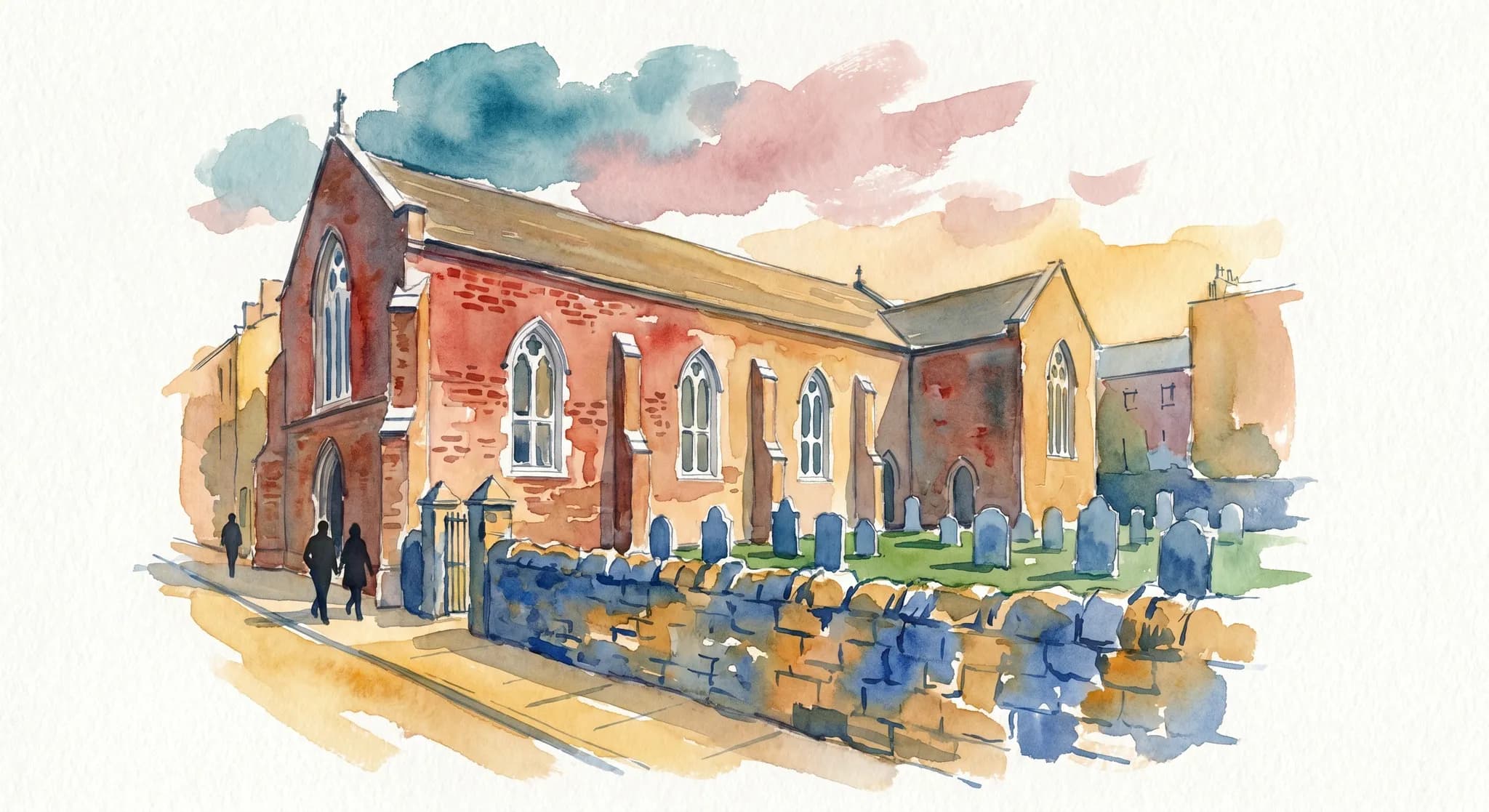 AI-generated watercolor: exterior of Old St Patrick's Cathedral on Mott Street in Nolita NYC, a smaller 1815 Federal-style brick church facade rendered impressionistically with weathered red brick walls and modest white-trimmed gothic windows, surrounded by a stone perimeter wall enclosing a small green churchyard with old gravestones rendered as soft cobalt silhouettes, the narrow Mott Street in the foreground with two pedestrians as pure dark silhouettes walking past, warm May afternoon golden hour light, soft brush-stroke clouds