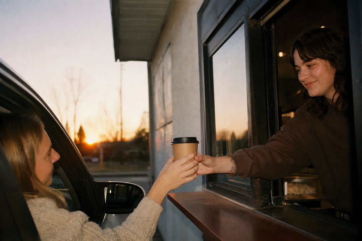 A hand receiving a coffee cup through a drive-thru window at dawn