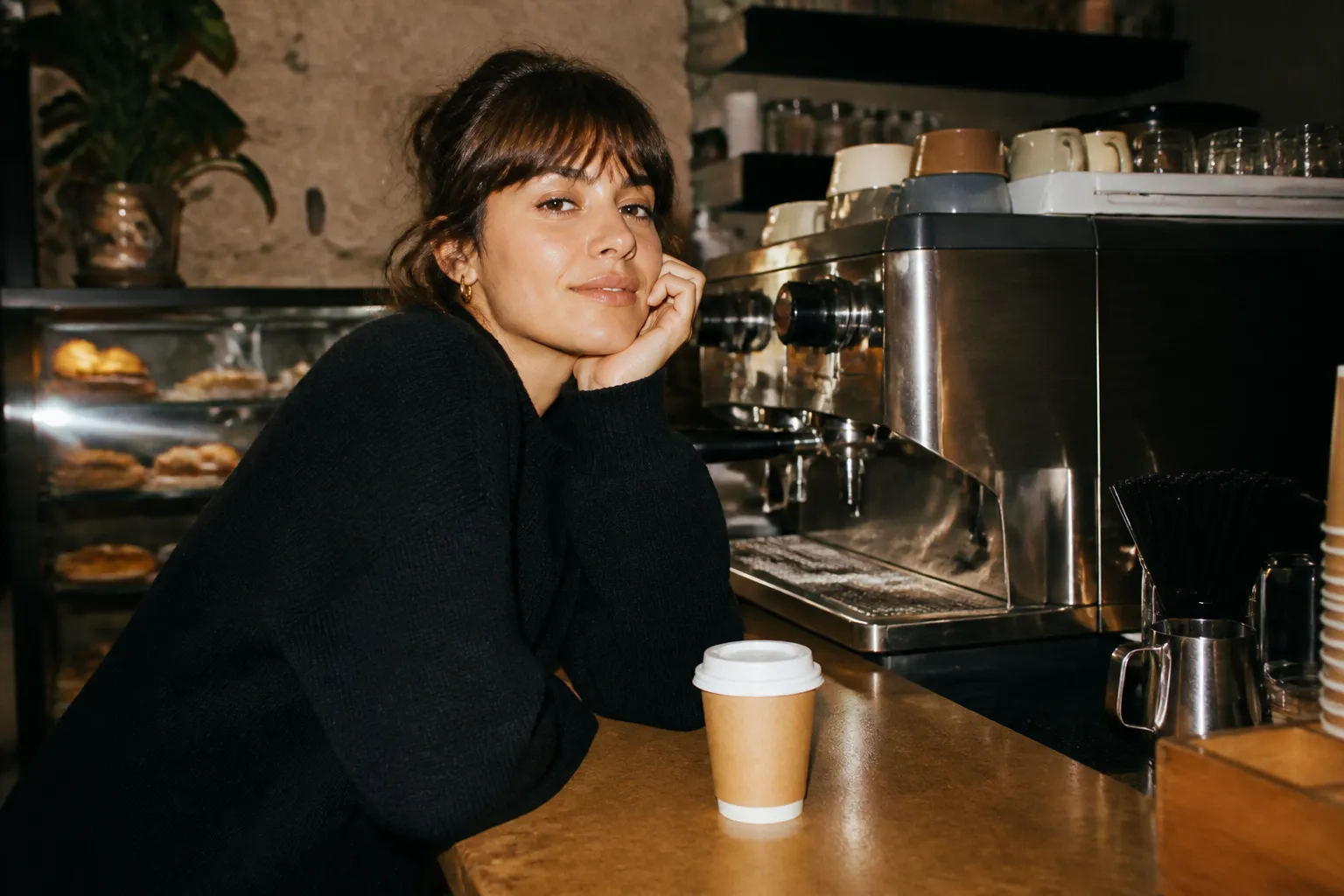 Warm coffee shop counter with a to-go paper cup and a stainless espresso machine in golden light