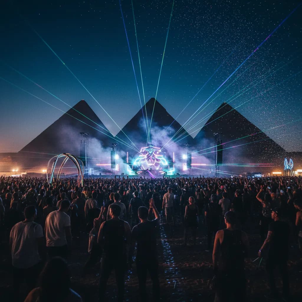 An electronic music festival atmosphere near the Great Pyramids of Giza