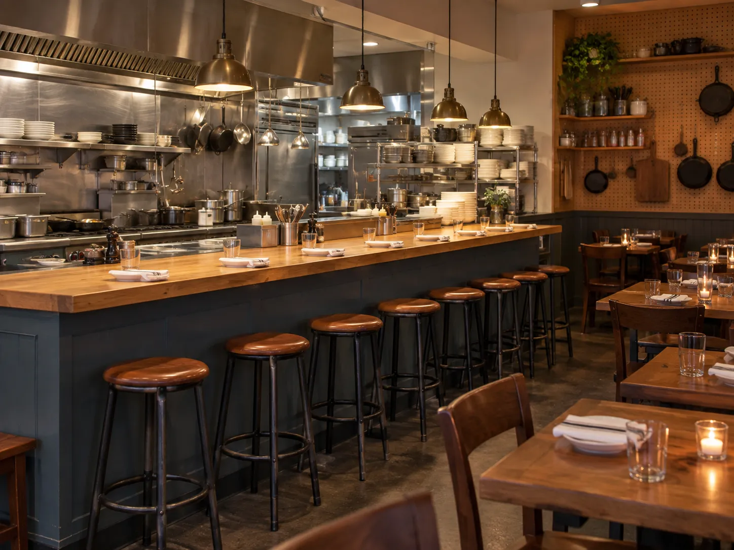Compact restaurant interior with a chefs' counter facing a tightly packed open kitchen, stools along it and closely spaced tables behind under warm pendant lights