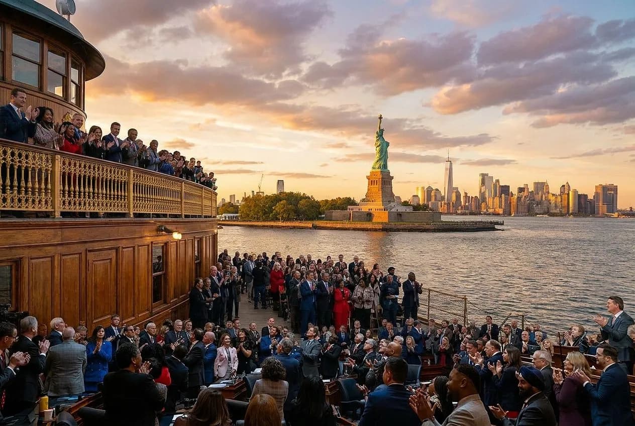 The Staten Island Ferry's Sunset Crossing Past the Statue of Liberty