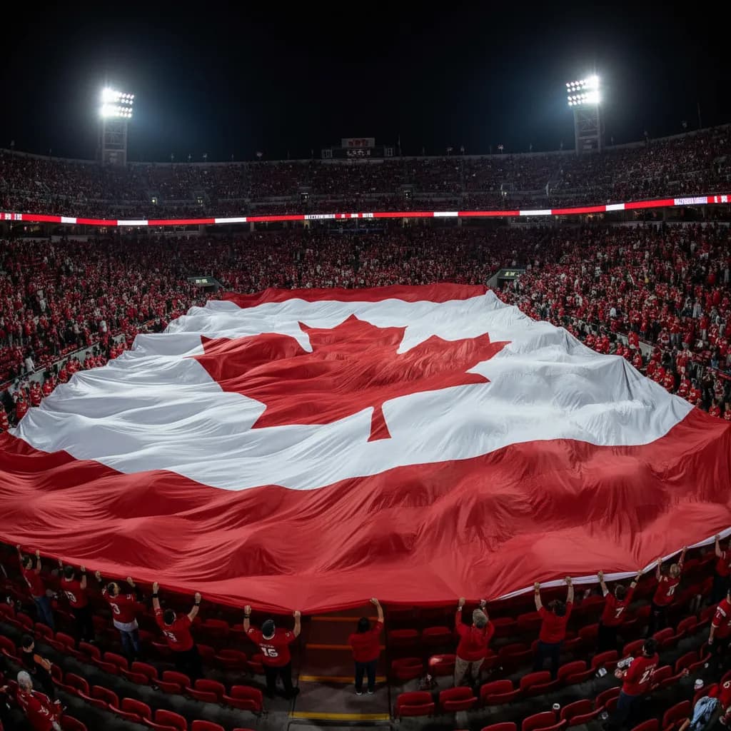 SoFi Stadium lit in Canadian colors for the World Cup