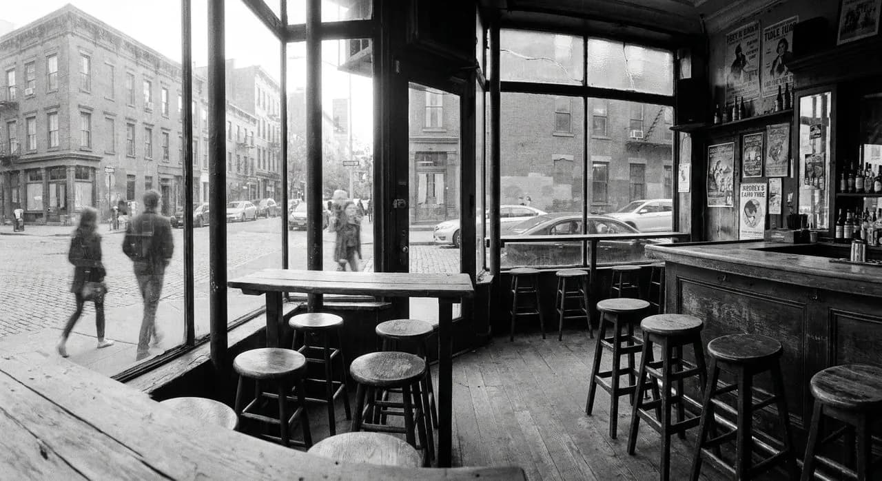 Stools at Ear Inn where the 1817 building tilts toward the Hudson