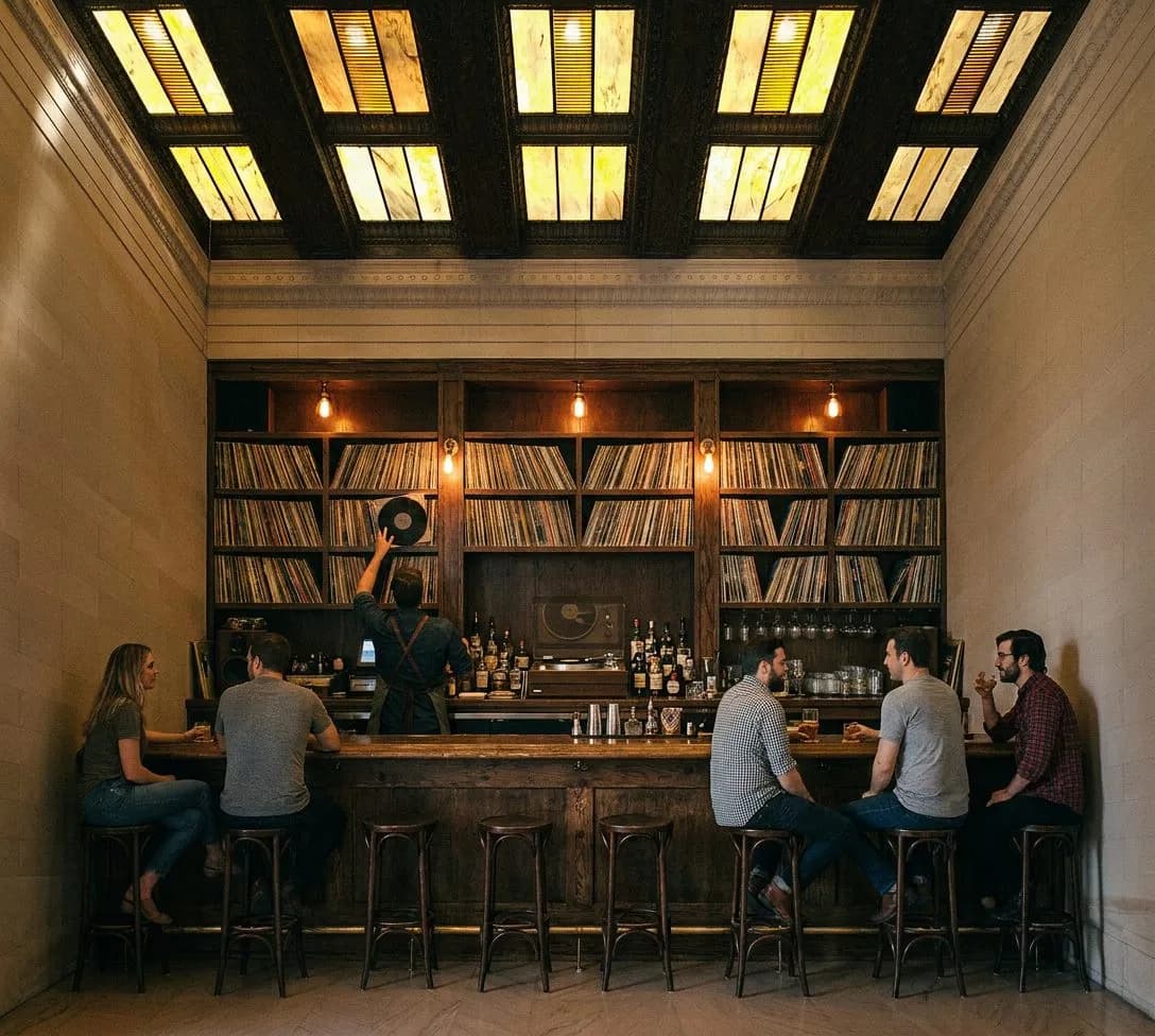 Stools at Slowly Shirley where the record collection lines the walls and the Negroni is batched daily