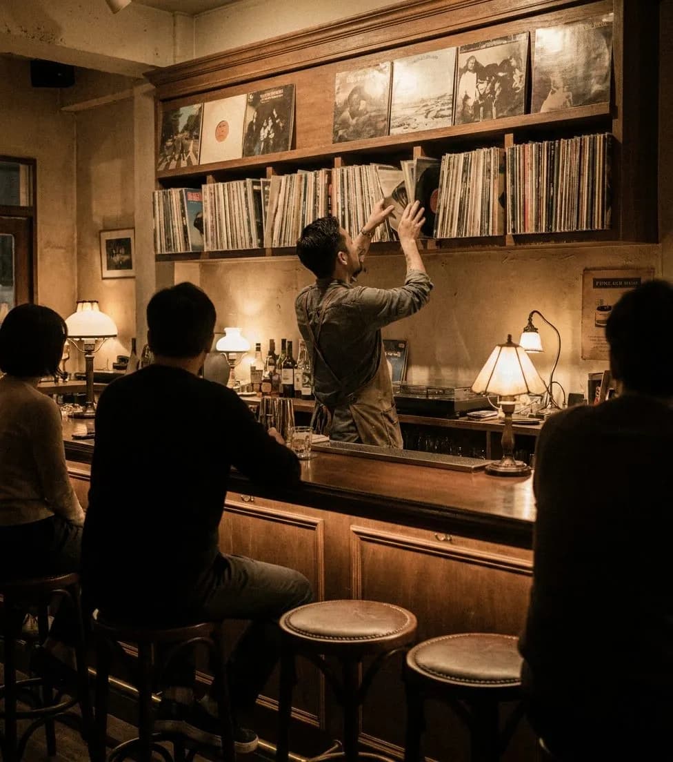 Stools at Slowly Shirley where the record collection lines the walls and the Negroni is batched daily