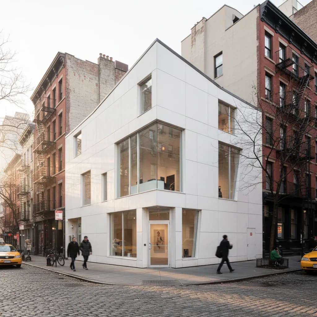 Editorial-style realistic scene inspired by Storefront for Art and Architecture in New York.