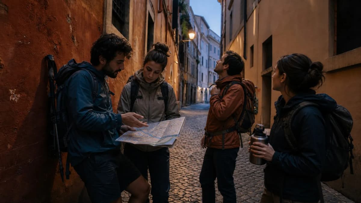 Photorealistic group decision scene showing when to use Karpo and when to use Strava.