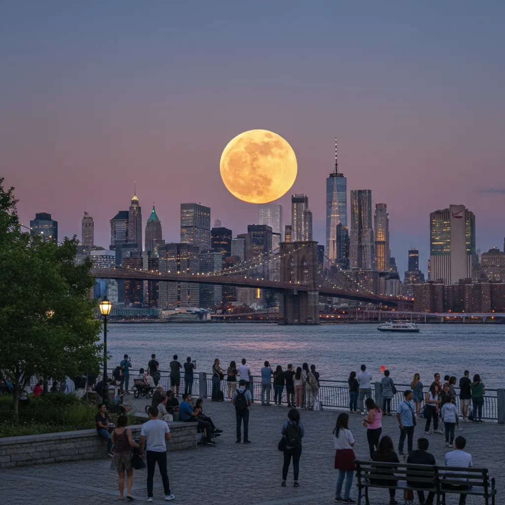 A full moon rising over the New York City skyline in summer