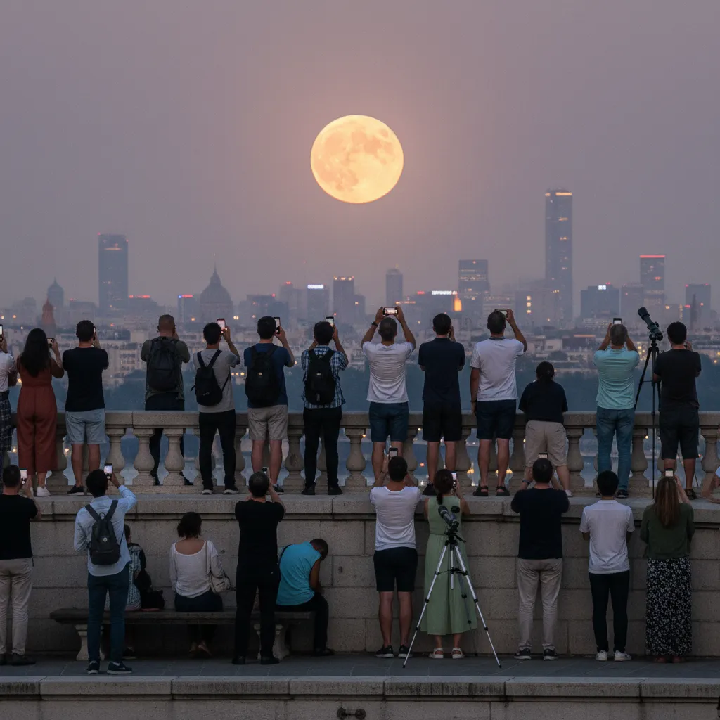 A nearly full moon above New York City buildings after sunset