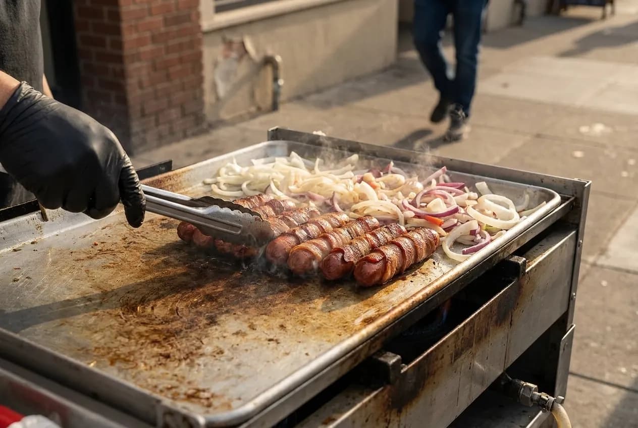 A griddle with onions and wrapped hot dogs cooking over a portable burner