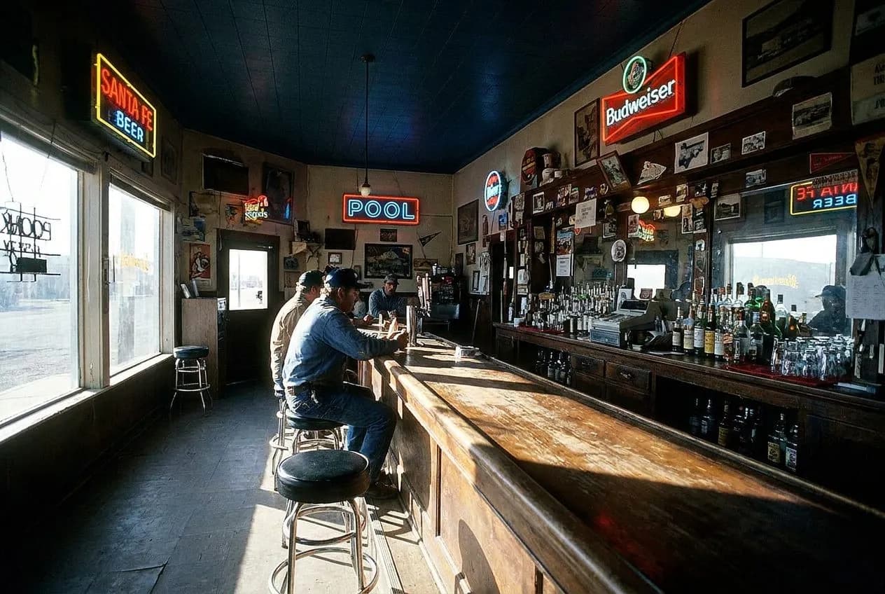 Subway Inn's bar stools when the afternoon light hits the neon