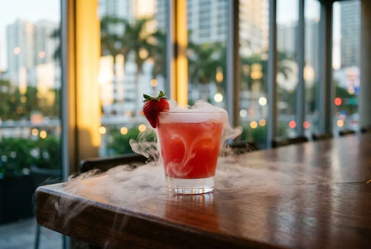 Close-up of a cocktail with dry ice fog and strawberry garnish on a wooden bar with city lights in the background