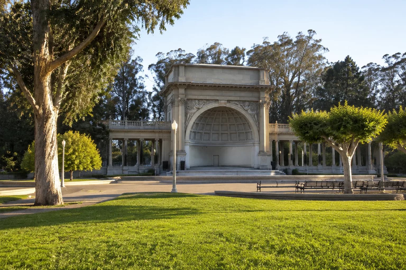 Spreckels Temple of Music bandshell in Golden Gate Park with white columns and open lawn