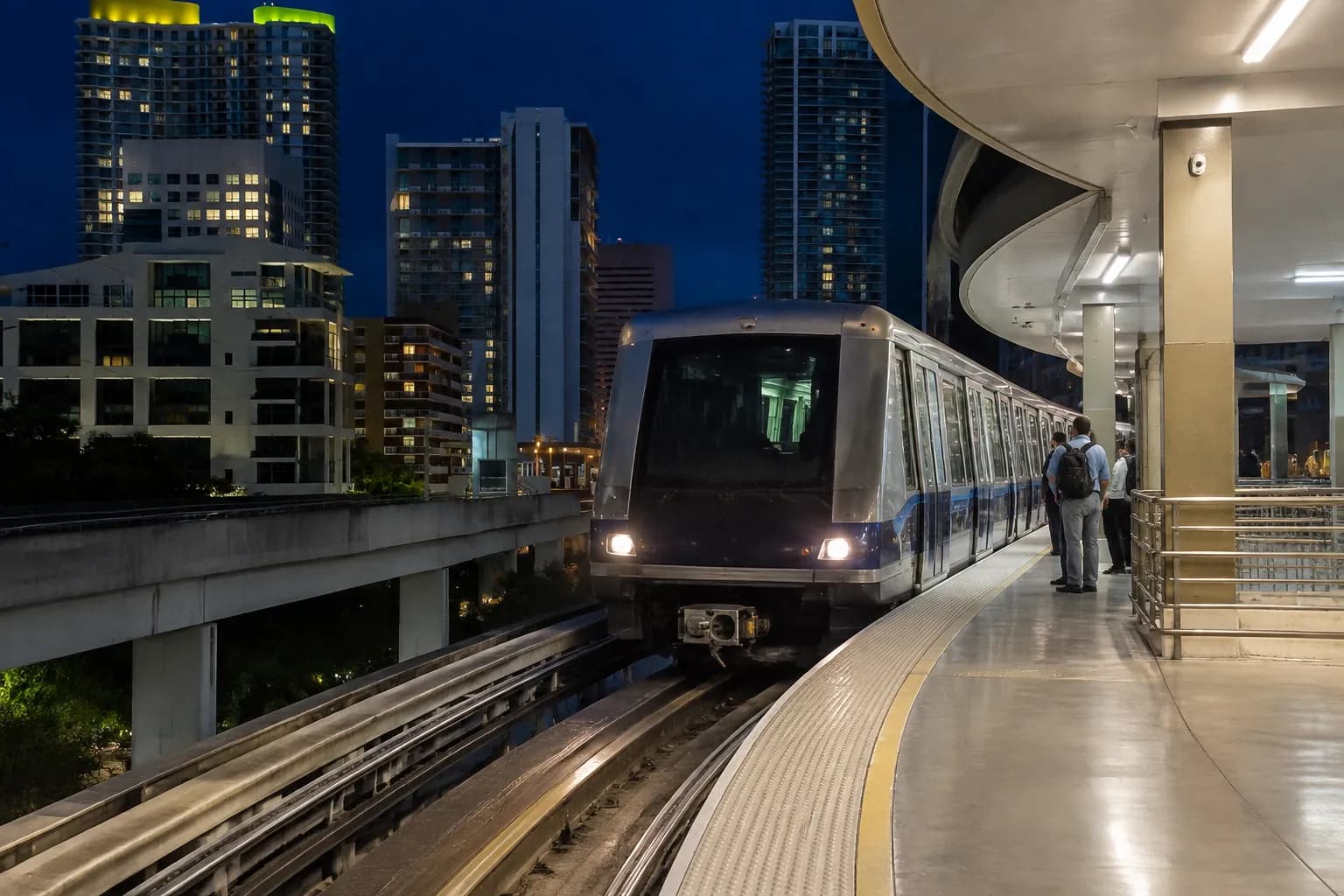 Metromover train arriving at Brickell station in Miami at night