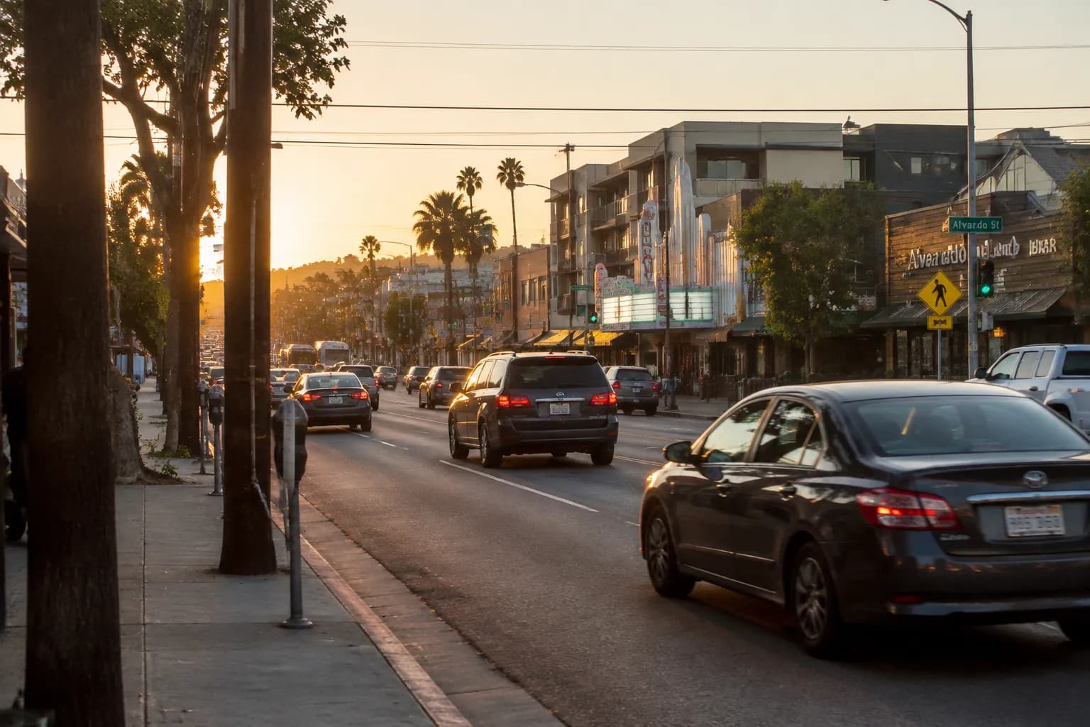 Sunset Boulevard in Echo Park during evening traffic near music venues