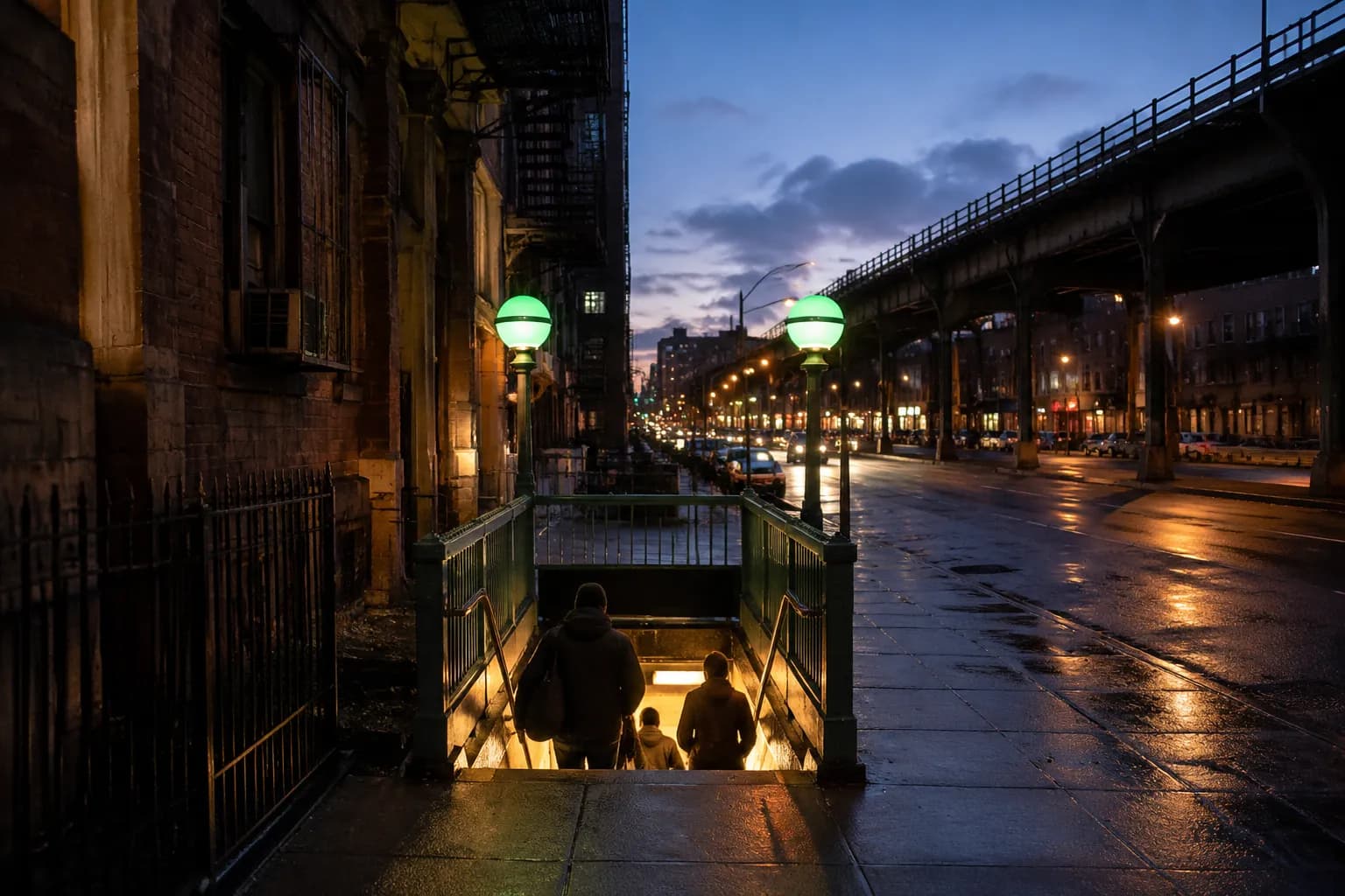 Bedford Avenue L train station entrance in Williamsburg at dusk, with commuters descending into the subway