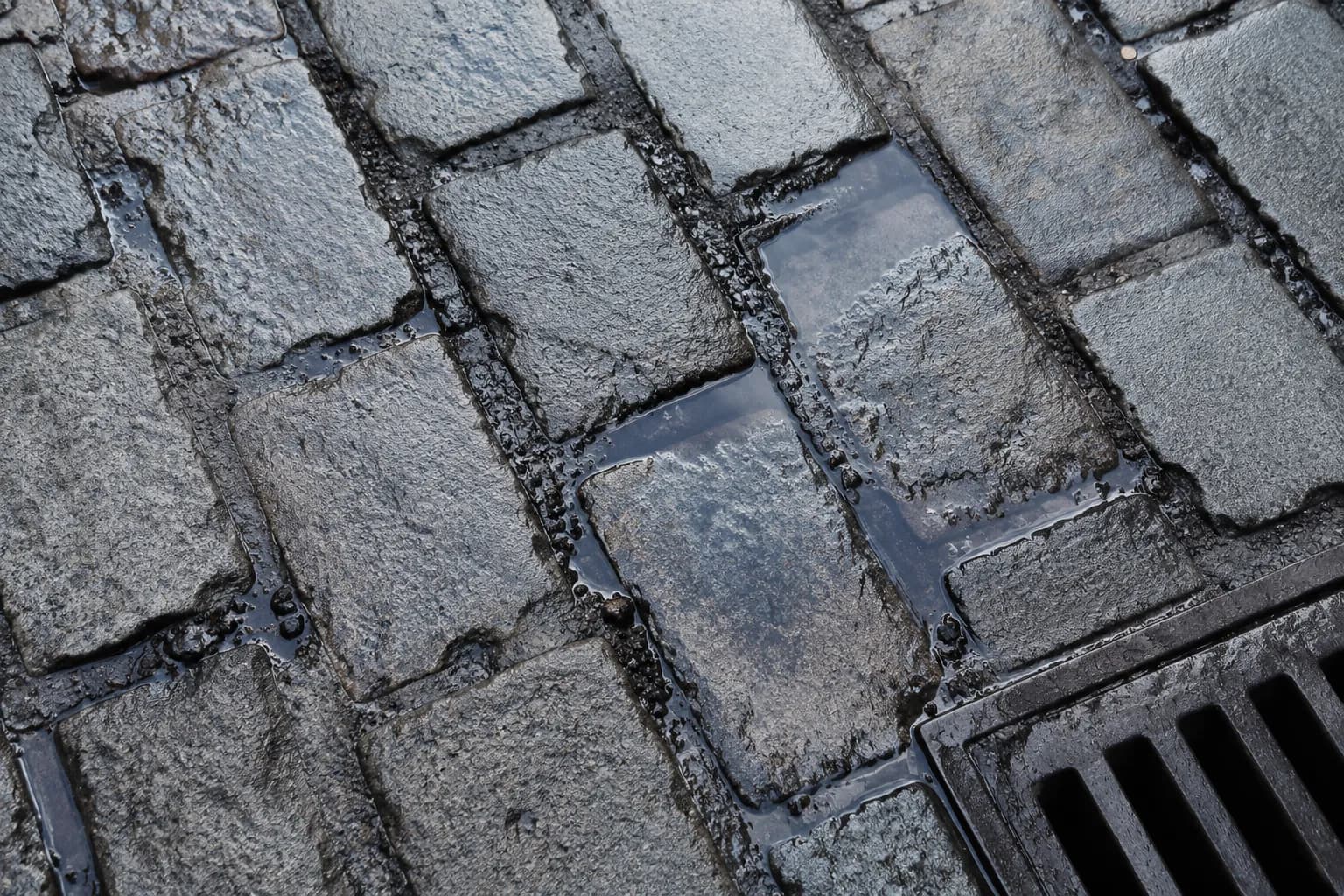 Cobblestone pavement detail at South Street Seaport with puddles reflecting morning light