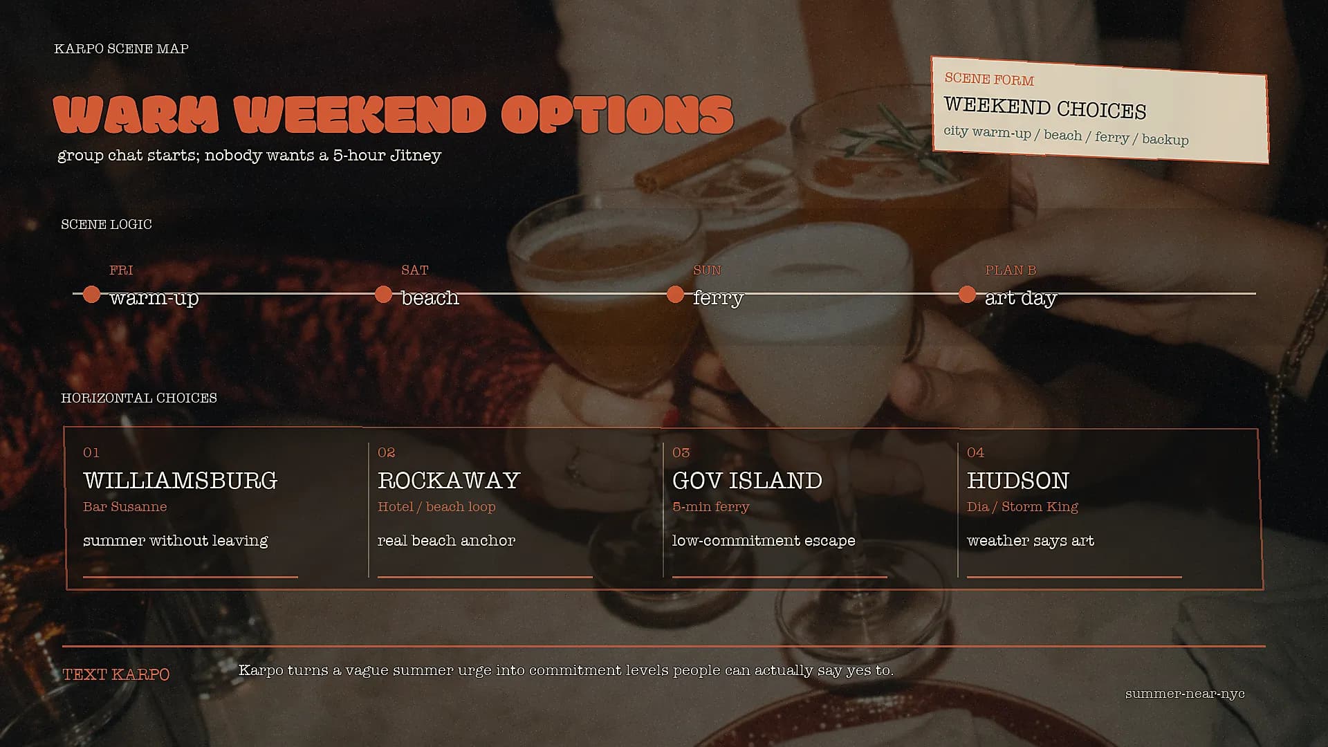 Karpo's scene form for summer near NYC: a free weekend in, a row of Hamptons-light, Catskills, North Fork, beach-train choices out, one text to lock the escape