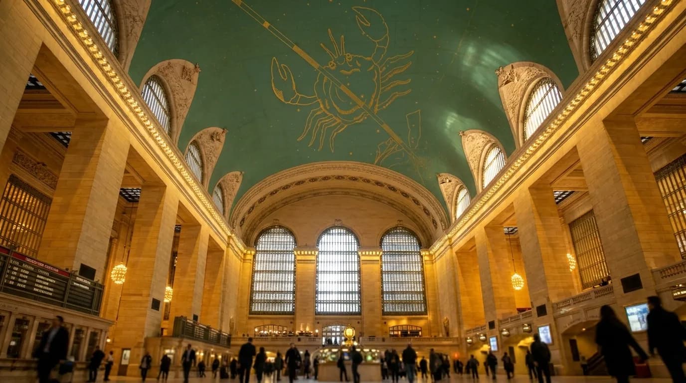 Grand Central Terminal main concourse with painted constellation ceiling and afternoon light through arched windows
