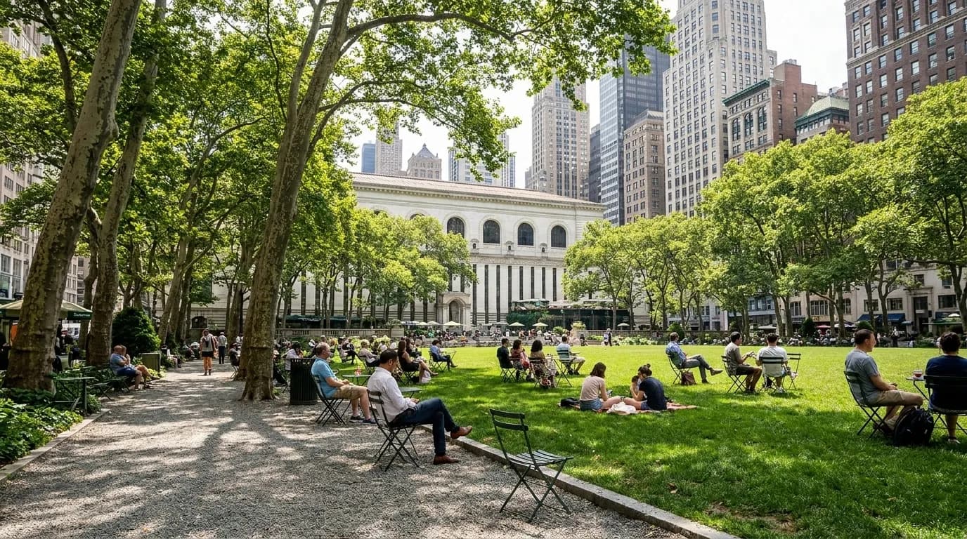 Bryant Park lawn on a summer afternoon with visitors on chairs under plane trees and library facade behind