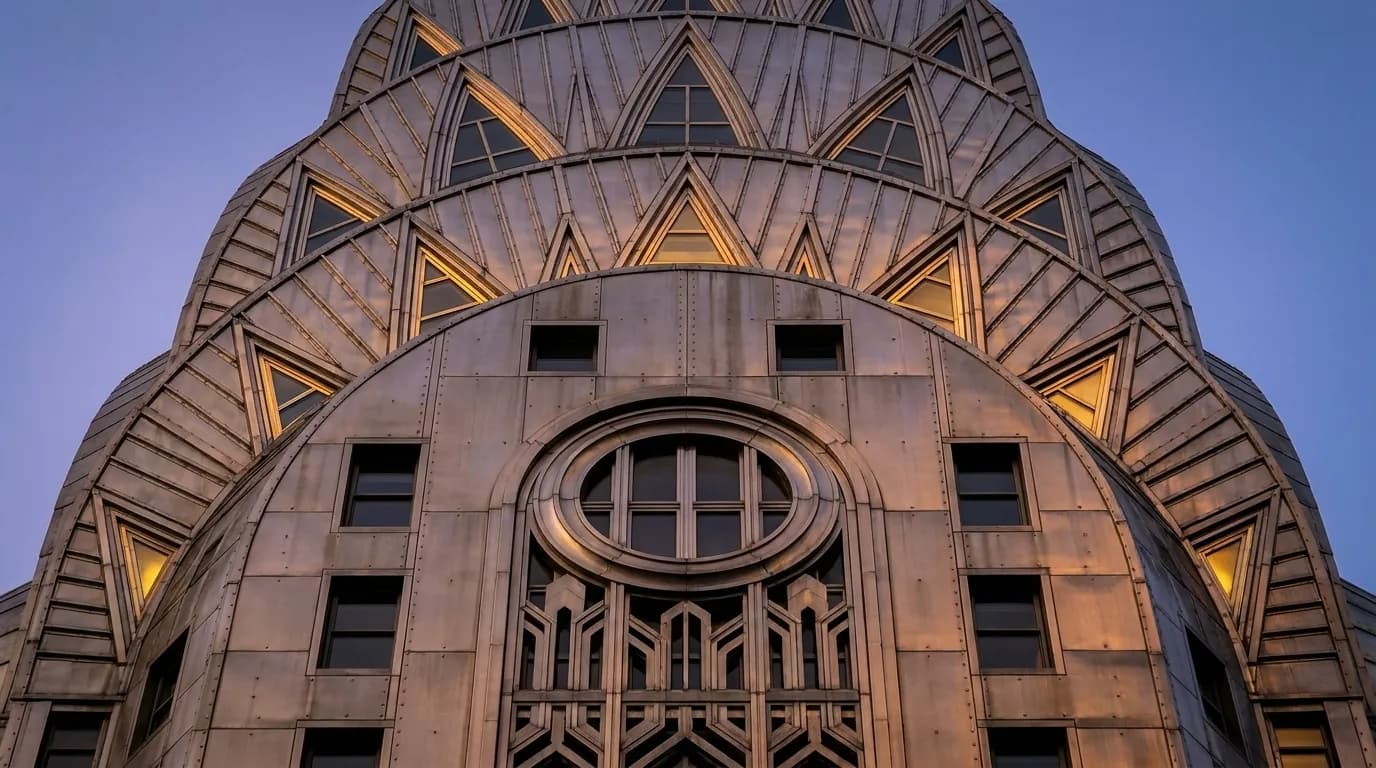 Chrysler Building art deco stainless steel crown and spire detail at dusk with golden light on metal surfaces