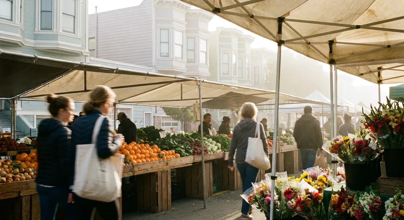 Sunday farmers market stalls with produce and flowers under soft morning light on a San Francisco street