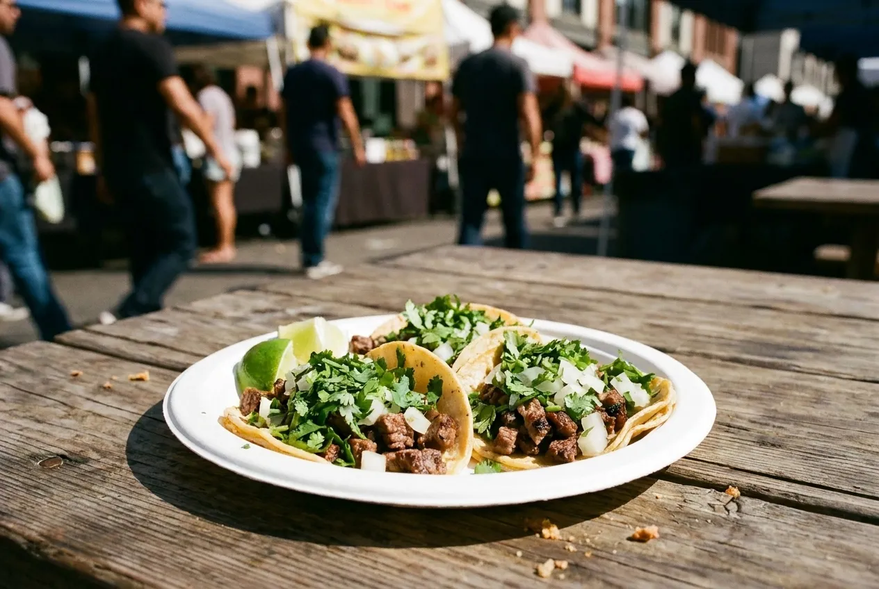 Three tacos on a paper plate at an outdoor Los Angeles food market with vendor stalls in the background