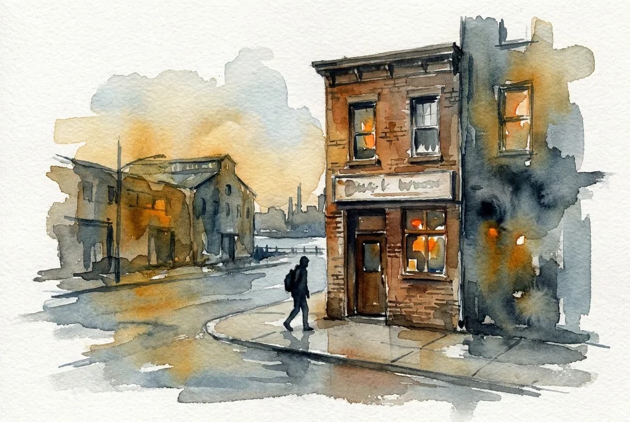 AI-generated watercolor: exterior of a weathered brick bar on a quiet industrial Red Hook street at dusk, warm amber light glowing from the windows, a single silhouetted figure approaching down the empty block