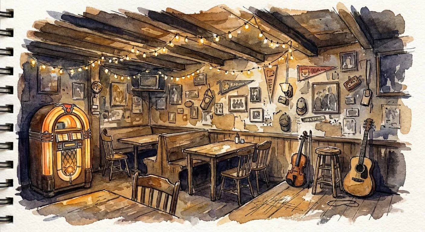 AI-generated watercolor: the warm interior of an old Brooklyn bar, string lights overhead, a glowing vintage jukebox in the corner, worn wooden tables and mismatched chairs, walls covered in old photographs and pennants, a fiddle resting against a stool