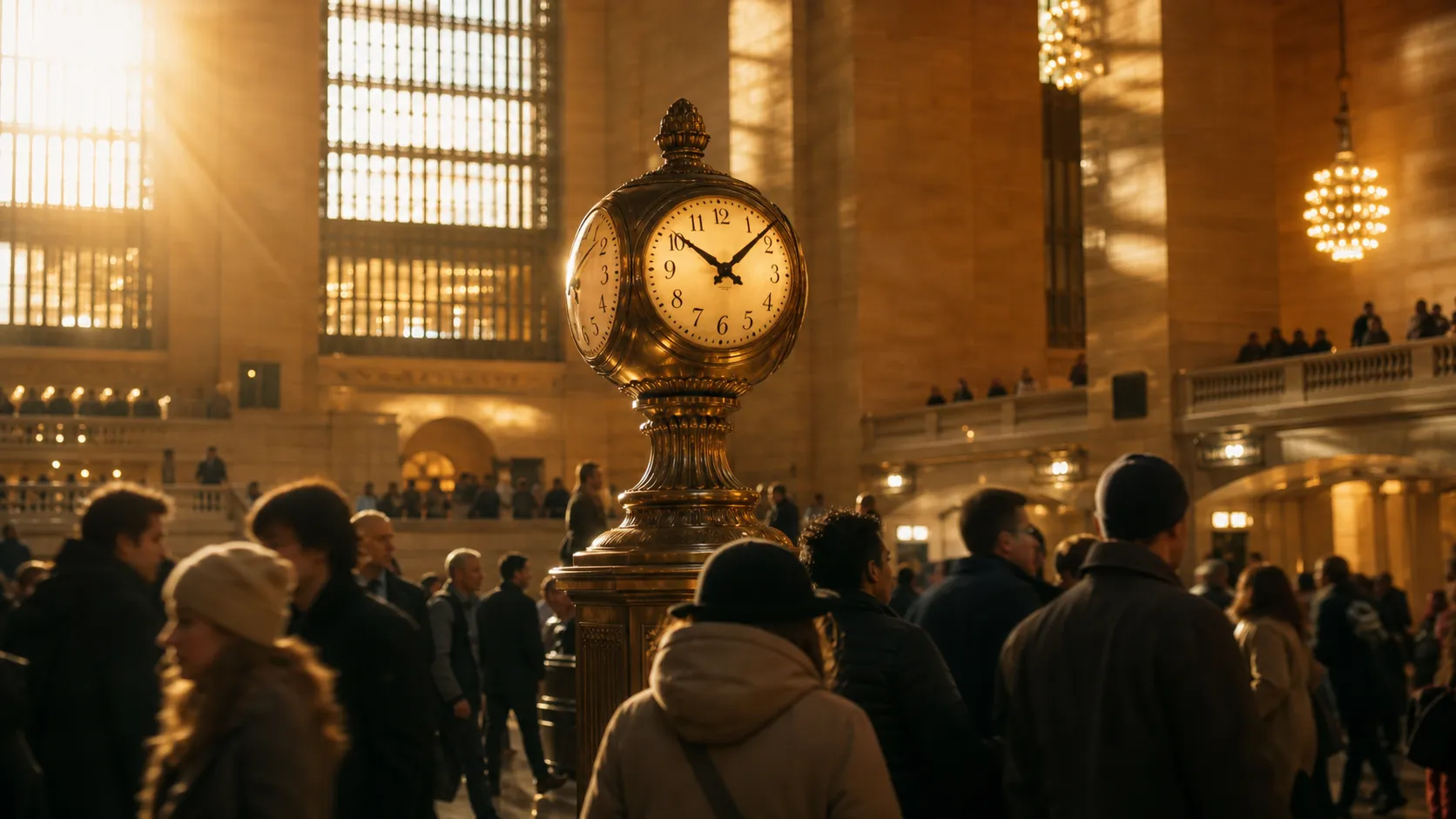 Commuters pass beneath the clock in Grand Central Terminal during a dim winter morning.