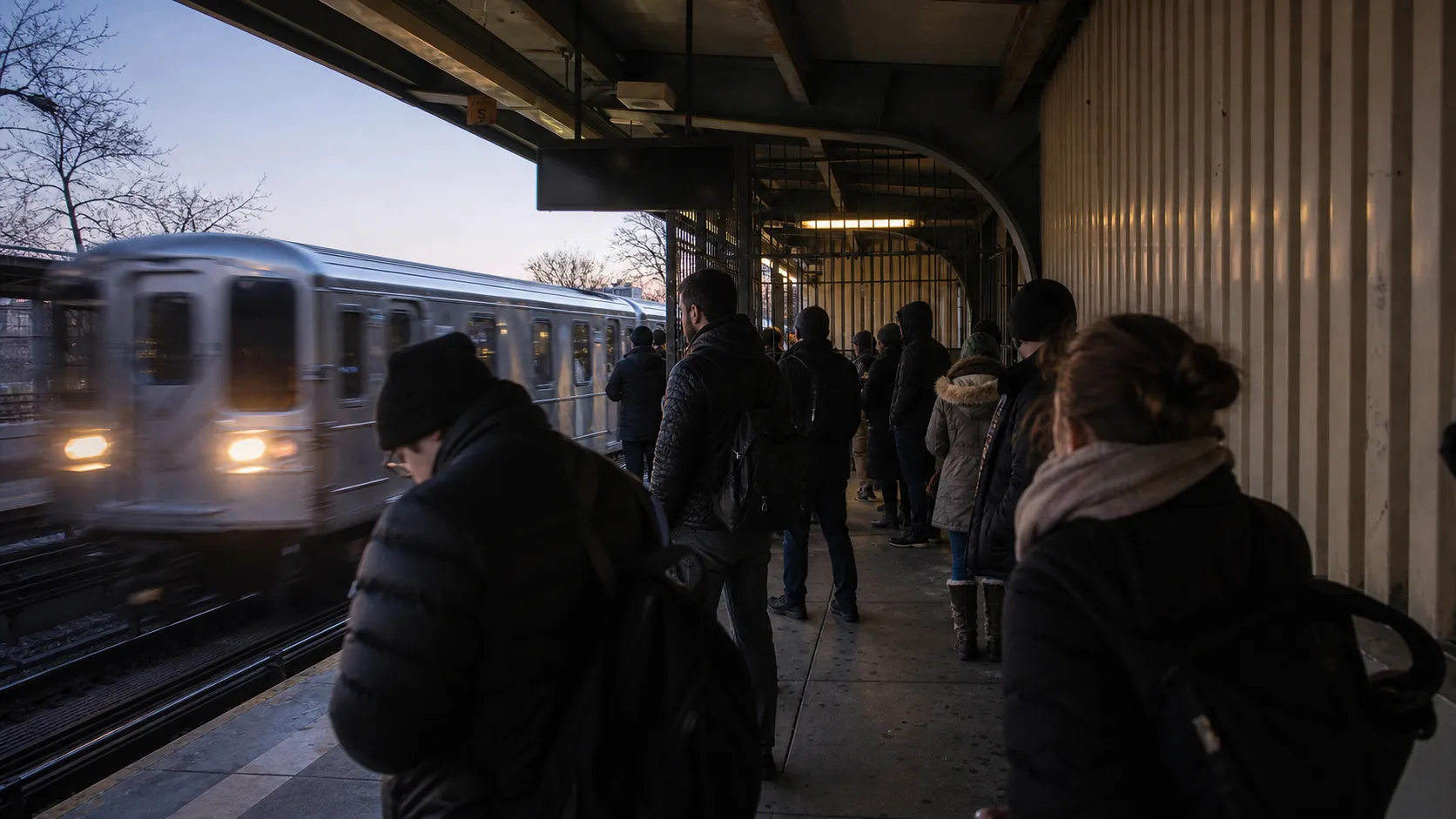 New York City subway riders wait on a platform during a dark early-morning commute.