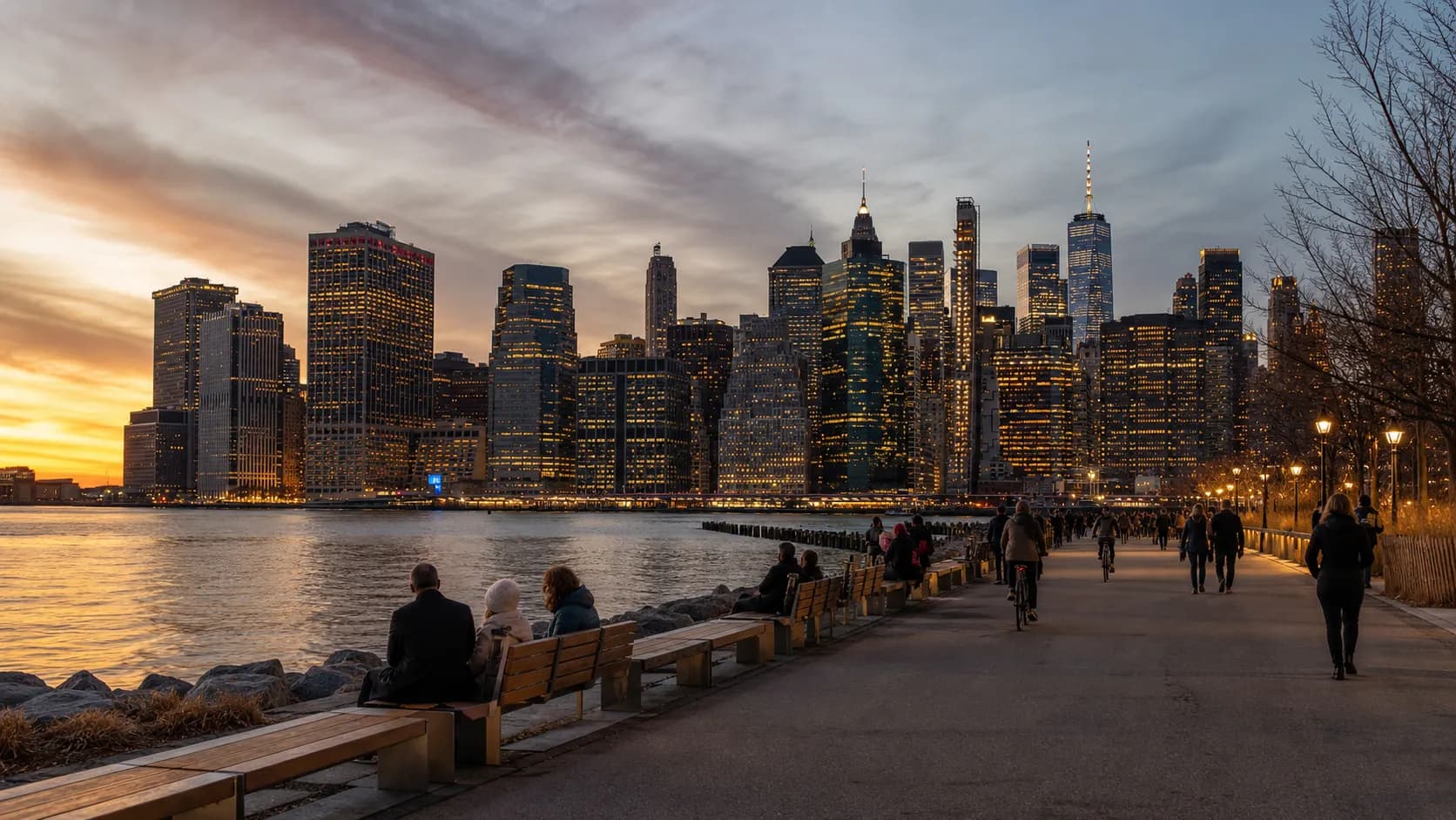 People use Brooklyn Bridge Park at sunset with the Manhattan skyline in the background.